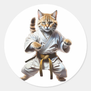Sticker Rond Carton de Karate Cat Fighting Cartoon Illustration