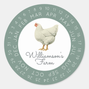 Sticker Rond Carton d'œufs à date encadrée par une poule vintag
