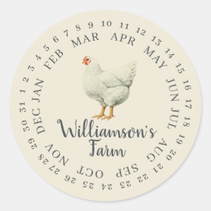 Sticker Rond Carton d'oeufs à date entourée de poule de ferme v