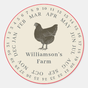 Sticker Rond Carton d'oeufs à date entourée de poule de ferme v