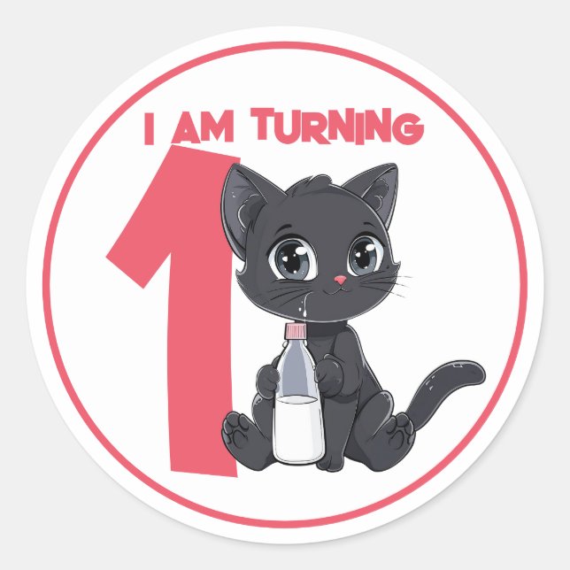 Sticker Rond Carton mignon Chat noir Anniversaire (Devant)