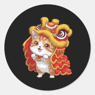 Sticker Rond Carton mignon Kawaii Chat Lion Danser Chinois New 