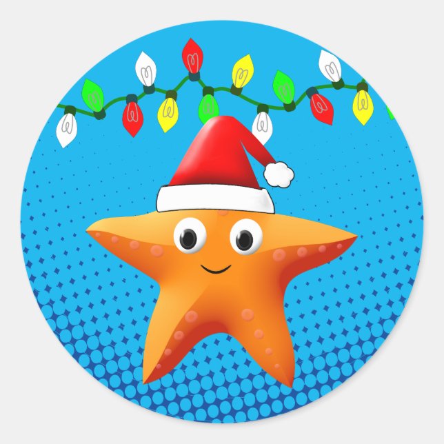 Sticker Rond Carton mignon Starfish Santa Hat lumières de Noël (Devant)