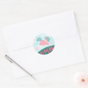 Sticker Rond Carton mignon Unicorn rose et menthe