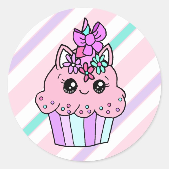 Sticker Rond Carton mignon Whimsical Unicorn Cupcake (Devant)