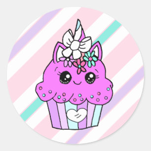 Sticker Rond Carton mignon Whimsical violet Unicorn Cupcake