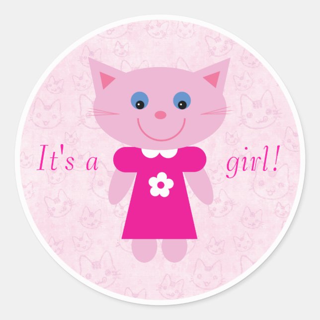 Sticker Rond Carton Rose Cute Chat C'Est Une Fille Nouveau Bébé (Devant)