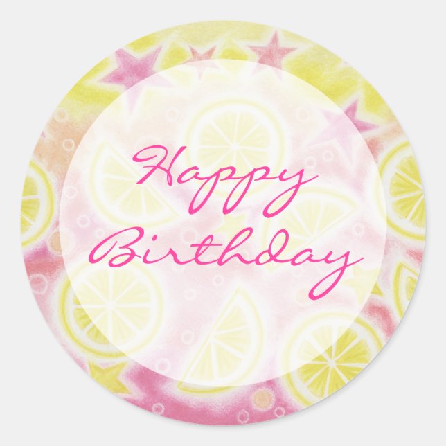 Sticker Rond Carton rouge citronnade 'Joyeux anniversaire' (Devant)