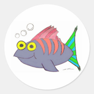 Sticker Rond Carton unique de poisson coloré avec bulles