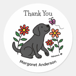 Sticker Rond Cartoon Black Labrador Flowers