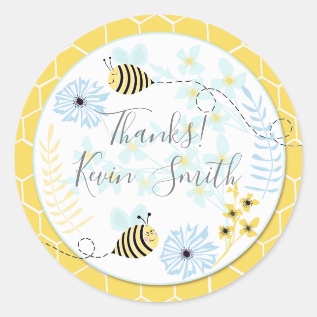 Sticker Rond Cartoon bumblebees on a background of blue, yellow (Devant)