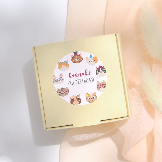 Sticker Rond Cartoon Cats Kids’ Purr-fect Birthday Party (Créateur téléchargé)