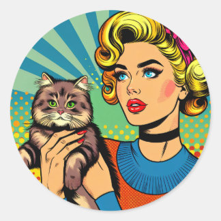 Sticker Rond Cartoon Comic Pop Art Femmes tenant un chat