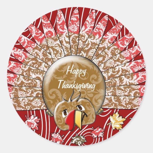 Sticker Rond Cartoon Damask Bois Grain Thanksgiving Turquie (Devant)