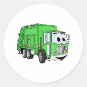 Sticker Rond Cartoon de camion-poubelle vert vif