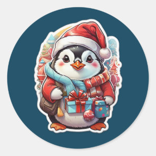 Sticker Rond Cartoon de pingouin de Noël mignon