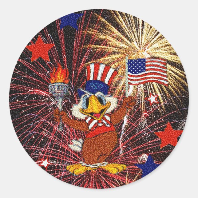Sticker Rond Cartoon Eagle with Flag and Fireworks (Textured) (Devant)