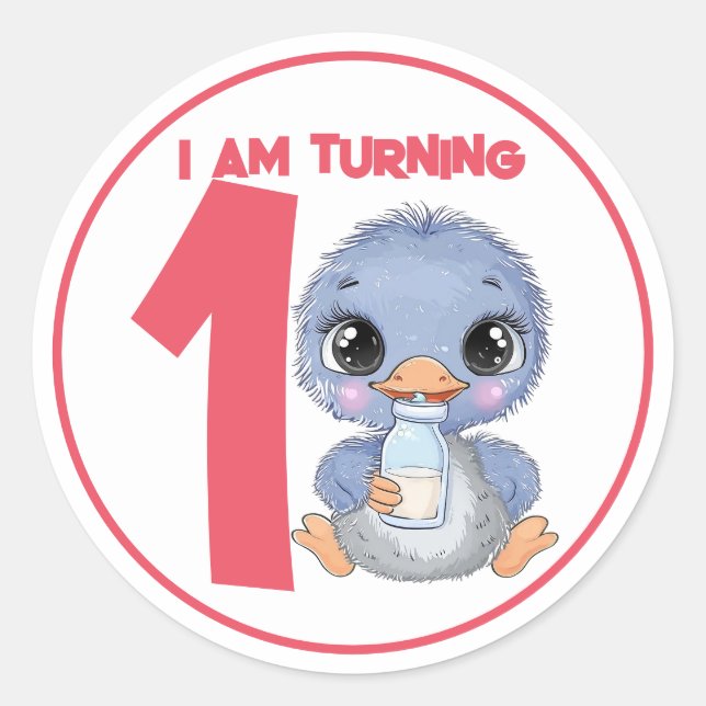 Sticker Rond Cartoon mignon bébé Emu Anniversaire (Devant)