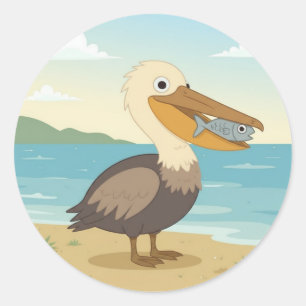 Sticker Rond Cartoon mignon Pélican, oiseau de mer