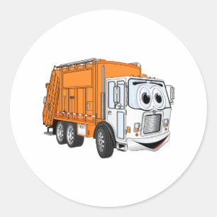 Sticker Rond Cartoon Orange blanc souriant de camion-poubelle