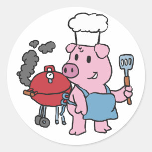 Sticker Rond Cartoon pig making bbq choose backgror