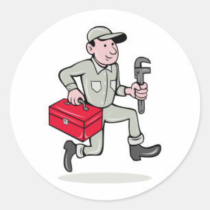Sticker Rond Cartoon Plumber avec clé de singe en marche