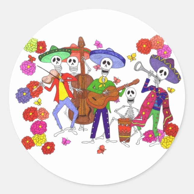 Sticker Rond Cartoon Skeleton Musiciens Mariachi Band Guitare (Devant)