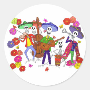 Sticker Rond Cartoon Skeleton Musiciens Mariachi Band Guitare