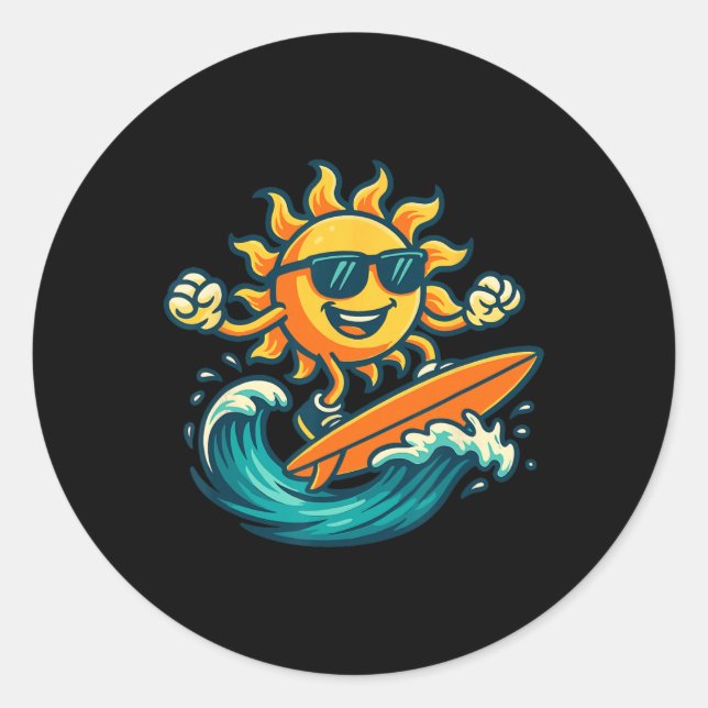 Sticker Rond Cartoon Sun Surfing Summer Beach Wave Art  (Devant)