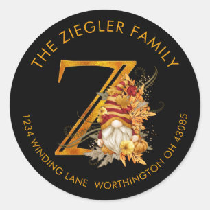 Sticker Rond Cas Season Gnome Monogram Letter Z Address Label