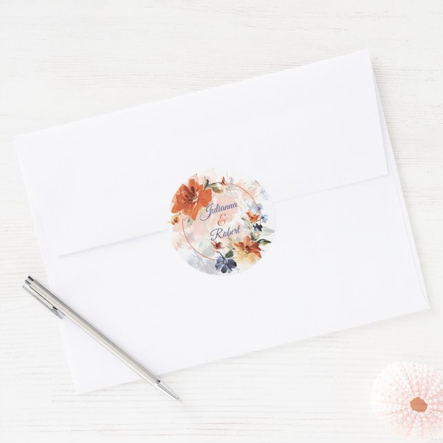 Sticker Rond Cascade orange et bleu mariage floral (Enveloppe)