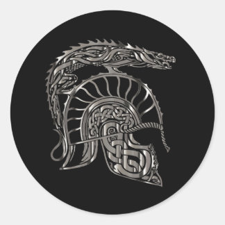 Sticker Rond Casque de dragon métallique de guerrier cool