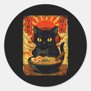 Sticker Rond Casque de jeu drôle chat gamer hommes anime kawaii