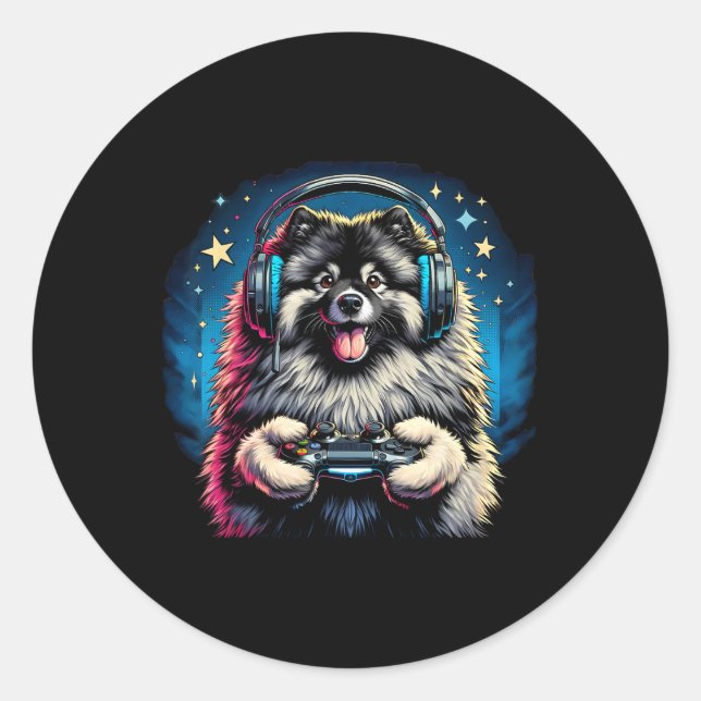 Sticker Rond Casque de jeu vidéo Keeshond Chien Gaming  (Devant)