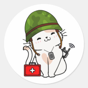 Sticker Rond Casque de l'armée portant un chat blanc