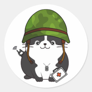 Sticker Rond Casque de l'armée portant un chat gras
