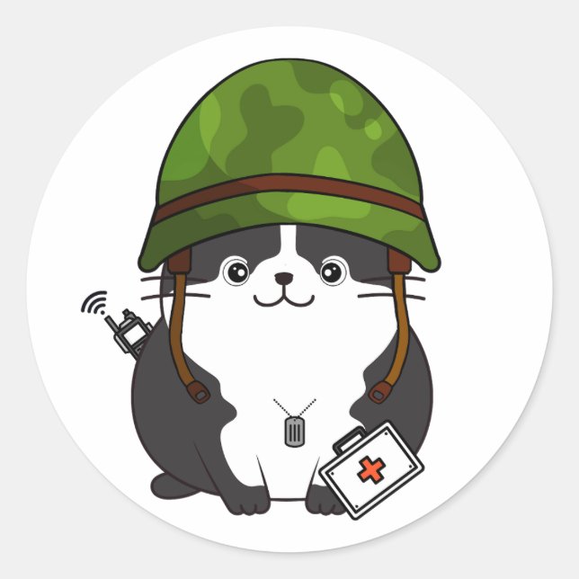 Sticker Rond Casque de l'armée portant un chat gras (Devant)