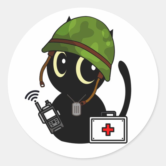 Sticker Rond Casque de l'armée portant un chat noir (Devant)