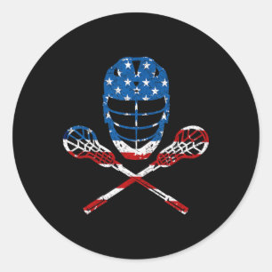 Sticker Rond Casque Lacrosse Drapeau Américain Lax Bâtons 4ème 