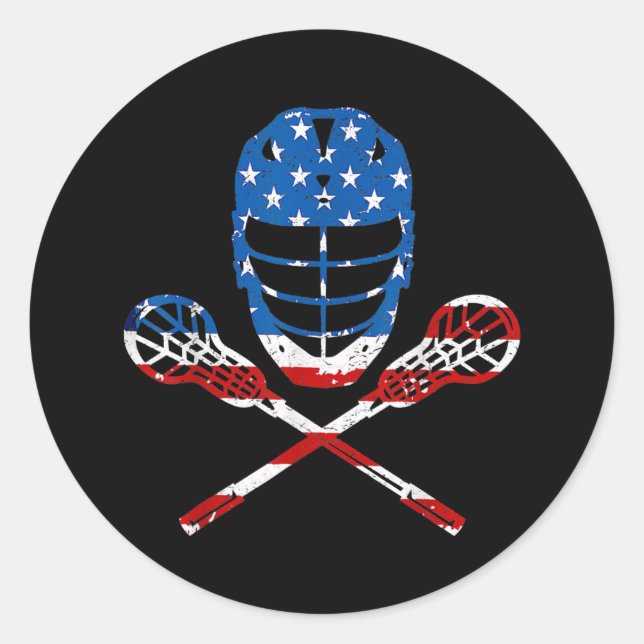 Sticker Rond Casque Lacrosse Drapeau Américain Lax Bâtons 4ème  (Devant)