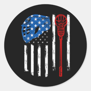 Sticker Rond Casque Lacrosse Vintage américain Drapeau Lax Bâto