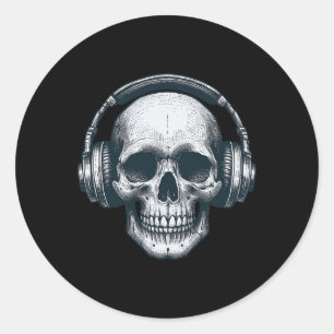 Sticker Rond Casque Skeleton Dj Éffrayant Musicien Crâne Hallo