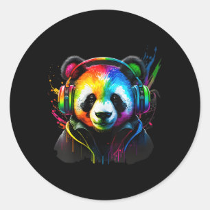 Sticker Rond Casques Rainbow Dj Panda