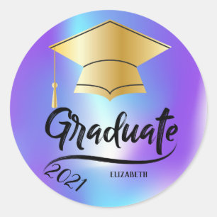 Sticker Rond Casquette de graduation en or, holographique 