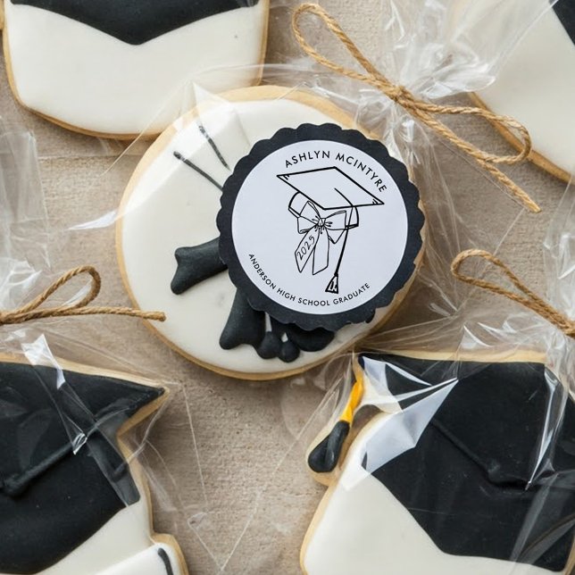 Sticker Rond Casquette de graduation minimaliste avec fond (Graduation Cap and Bow Sticker)