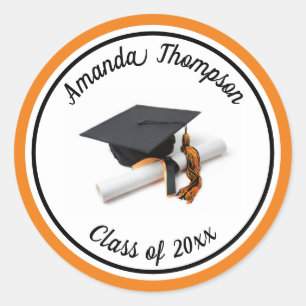 Sticker Rond Casquette de graduation orange noire et Tassel