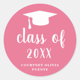 Sticker Rond Casquette de graduation simple rose et blanc