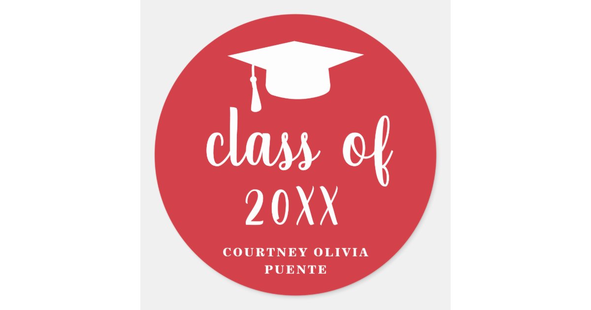 Sticker Rond Casquette de graduation simple rouge et blanc | Zazzle.fr