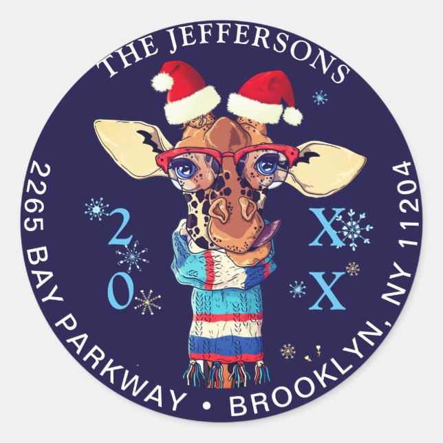Sticker Rond Casquette de la Giraffe de Noël & Écharpe Adresse  (Devant)