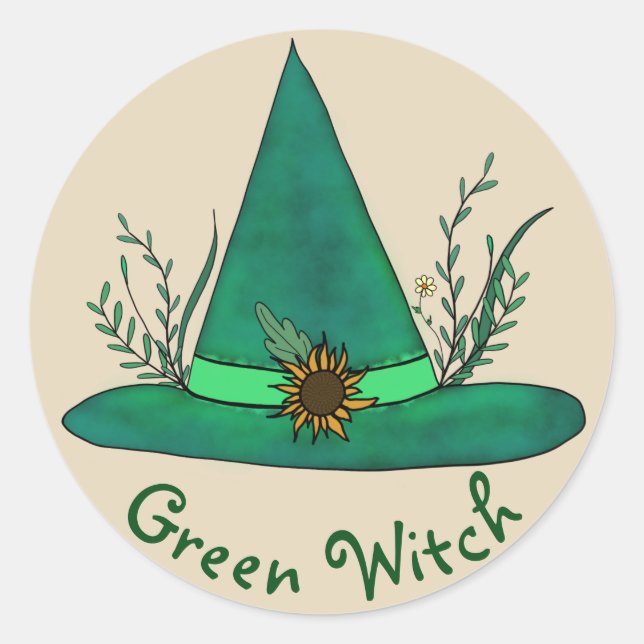 Sticker Rond Casquette de sorcière verte Artisanat Pagan Witchc (Devant)